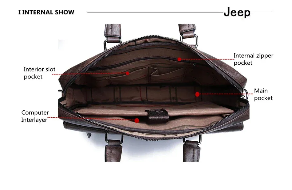 JEEP Man Business Briefcase Bag Split Leather High Quality Men office Bags For 14 inch Laptop A4 File Causel