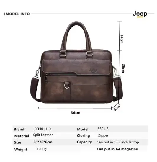 JEEP Man Business Briefcase Bag Split Leather High Quality Men office Bags For 14 inch Laptop A4 File Causel