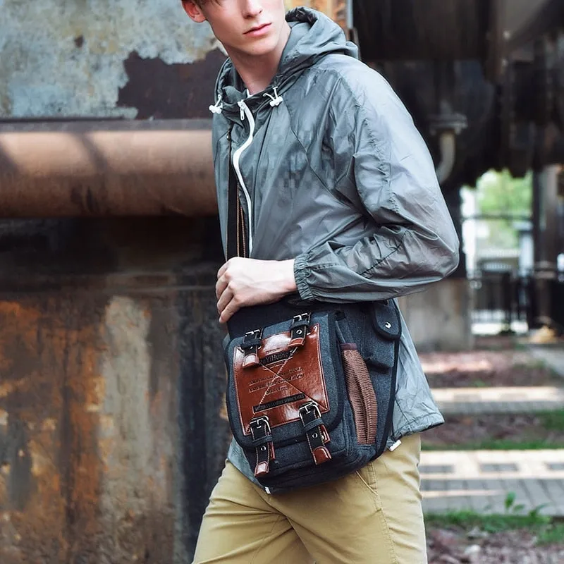 Men's Vintage Retro Style Canvas Leather Saddle Bag Satchel Shoulder Bag Messenger Bag Travel Motorcycle Bags for Men