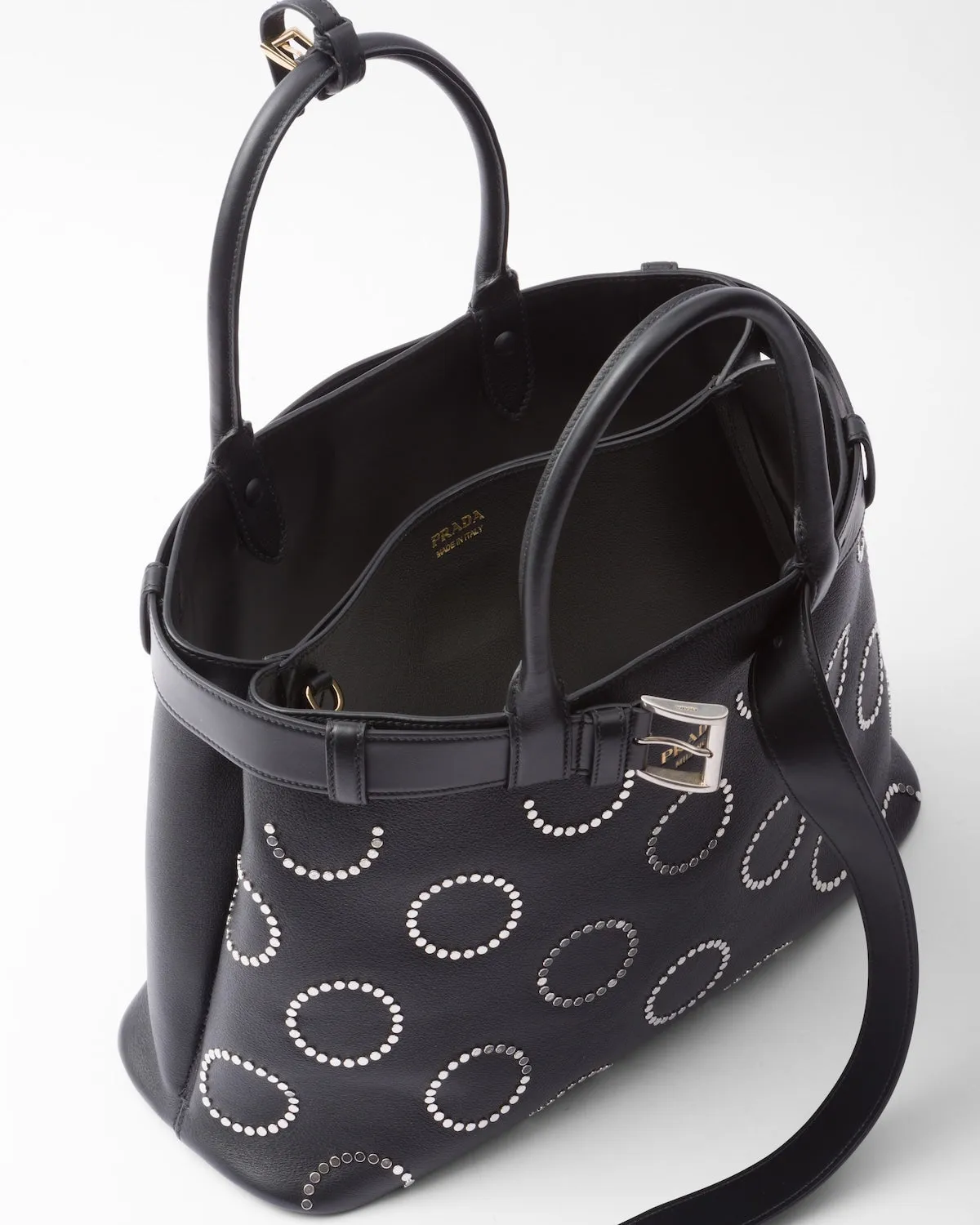 Prada Buckle Large Leather Bag With Appliqués