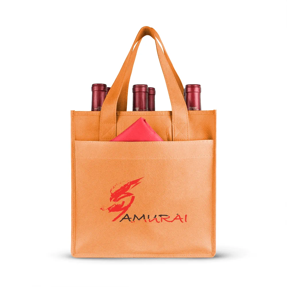 Six bottle Non-woven Wine Tote, Reinforced Handles with front pocket *Fully Customizable*